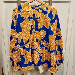 Crosby by Mollie Burch Floral Blouse sz Large Blue and Yellow